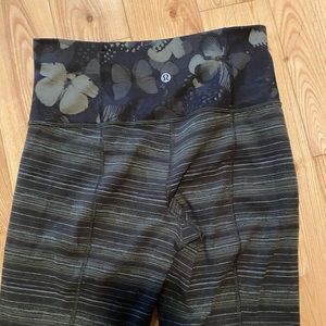 Lululemon olive green striped leggings.